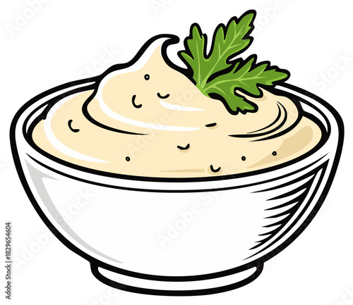 Creamy sauce in a white bowl with a parsley garnish illustration