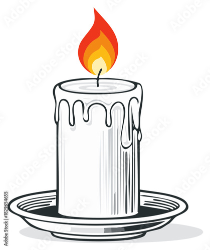 Cartoon candle burning with dripping wax, on a plate. Illustration.