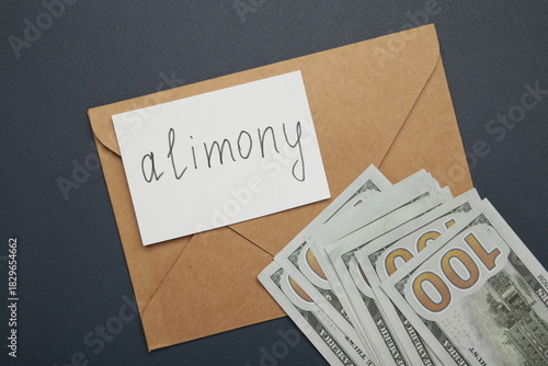 Envelope with word Alimony and money on dark blue background