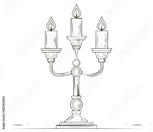 Line art illustration of a candelabra with burning candles, creating a simple, elegant design for various creative uses