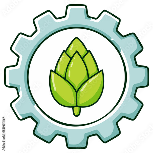 Craft beer ingredient hop cone inside a mechanical gear symbol