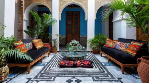 Elegant Moroccan courtyard with vibrant cushions, lush plants, and intricate tile patterns creating a serene indoor oasis