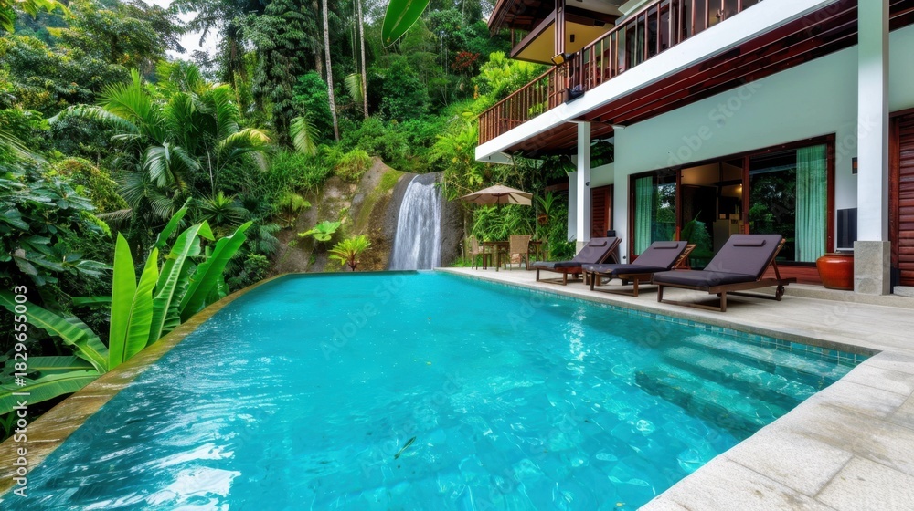 Fototapeta premium Serene Tropical Villa with Infinity Pool Next to a Waterfall in Lush Green Jungle Setting