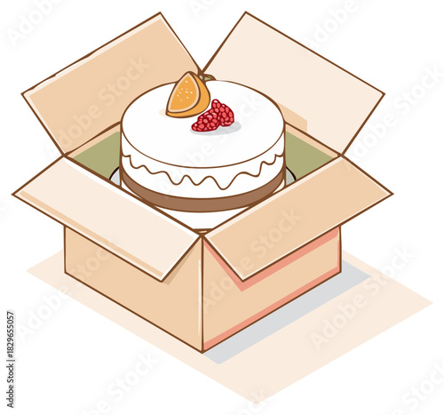 Cake in a box illustration. White cake with fruit on top inside the cardboard box.