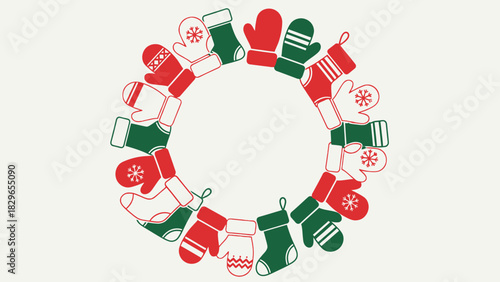 Festive red and green mittens and socks arranged in a circular wreath pattern.