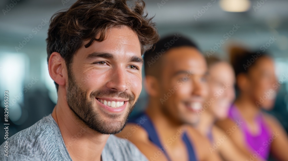 Obraz premium Man smiling at camera in gym setting with group of people behind him.