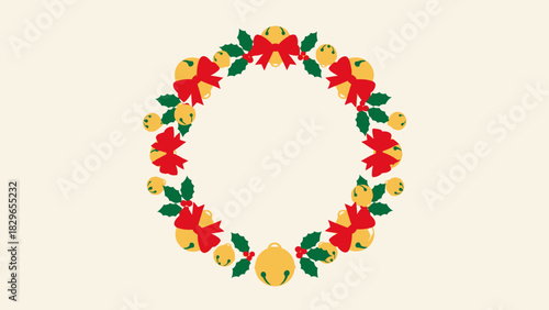Oval christmas wreath with red bows and golden bells on a cream background