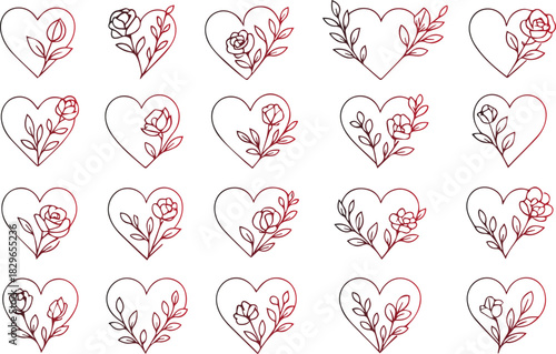 Collection of twenty delicate line art heart shapes adorned with various floral elements like roses and leaves, perfect for romantic design, isolated on white background