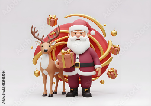 3d santa claus with gift and deer on white background