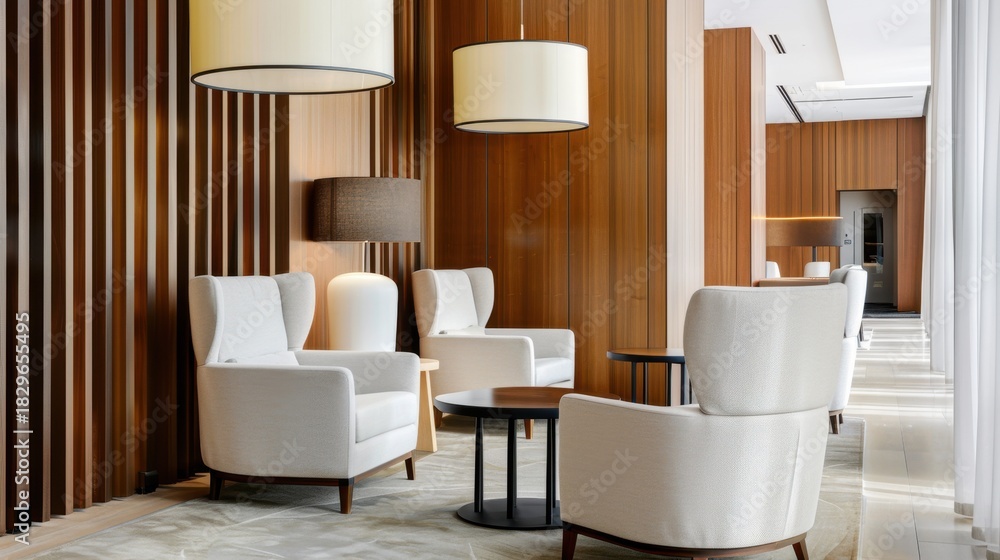 Fototapeta premium Modern Hotel Lounge with Minimalist Design and Elegant Furnishings in Warm Wood Tones for Upscale Interiors