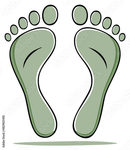 Two cartoon footprints with toes point upward, graphic illustration in light green with black outline for wellness or medical industry.