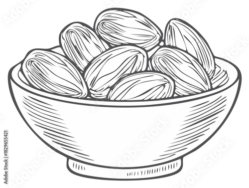 Bowl of dates in a hand drawn sketch style. Black and white line art engraving illustration of dried fruit.