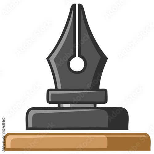 Classic gray fountain pen nib with ink reservoir resting on wooden surface