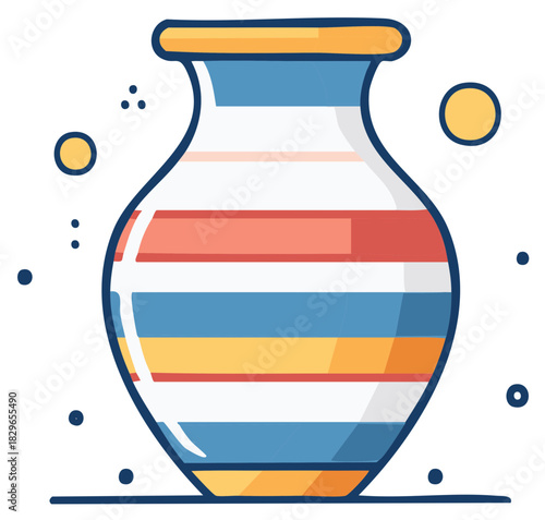 Striped decorative vase with blue, orange, and yellow bands, cartoon illustration.