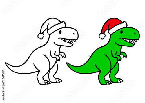 Dibujo sencillo con líneas de T-Rex simpático con sombrero de Santa Claus para tarjetas y felicitaciones de Navidad