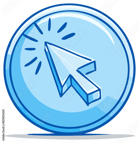 Blue cartoon cursor clicking inside of a button with light rays indicating interaction or selection