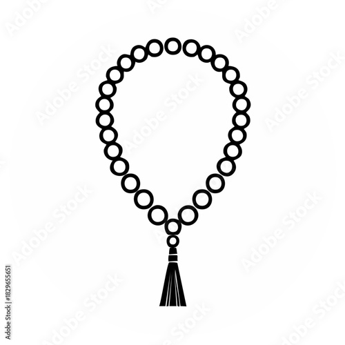 Minimalist black outline icon of prayer beads with tassel for spirituality and meditation