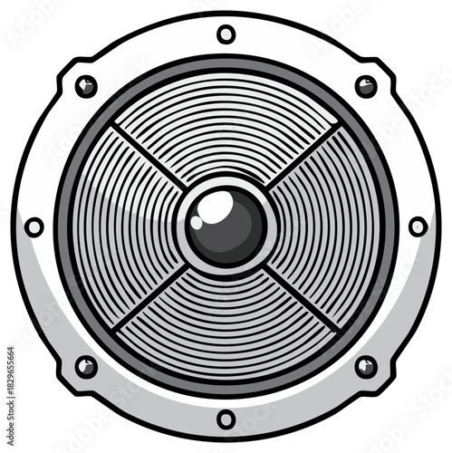 Stylized Metal Speaker Grille with Circular Lines and Riveted Frame Depicting Audio Technology