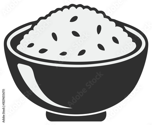 Stylized rice bowl vector graphic illustration with seeds, Asian cuisine design, food presentation, healthy eating concept, traditional meal icon.