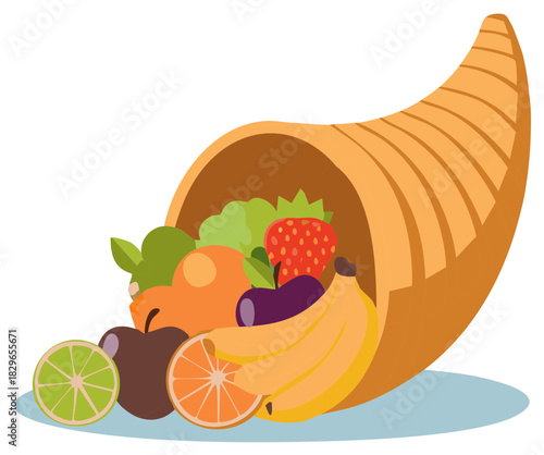 Cornucopia Overflowing with Colorful Fruits and Vegetables, Horn of Plenty Illustration