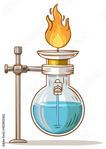 Cartoon laboratory heating flask with liquid and fire on retort stand