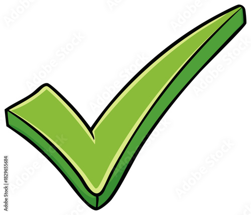 Bright green check mark symbol with thick black outline and shaded effect on white background