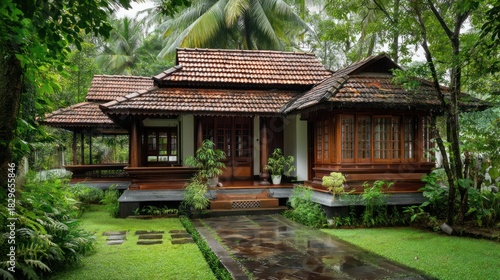 Kerala coastal home elevated on stilts with sloping tiled roof wooden shutters open verandah facing lush greenery rain-soaked