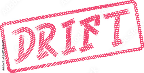 Relaxing stamp graphic featuring the calming word DRIFT in a soft pink halftone texture effect