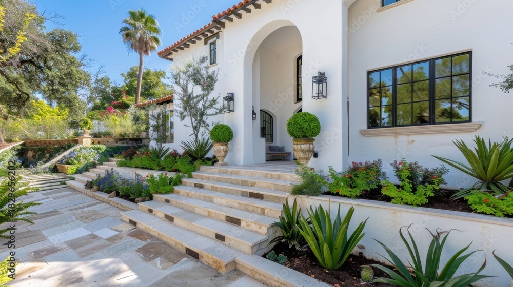 Naklejka premium Elegant Mediterranean Style Home Exterior with Lush Garden and Inviting Steps in Bright Natural Light