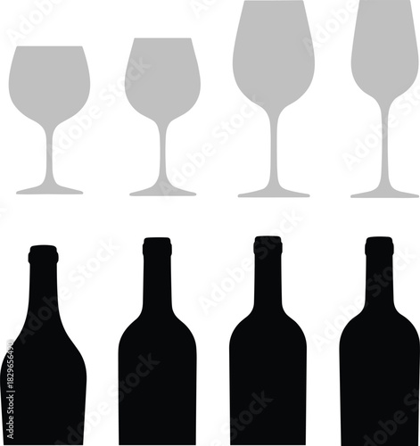 Collection of elegant wine glasses and bottle silhouettes featuring modern drinkware shapes, alcohol icons, beverage elements, and stylish bar accessories for creative design projects