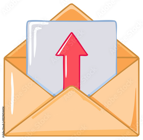 Envelope with a red arrow pointing up, concept of sending messages and emails