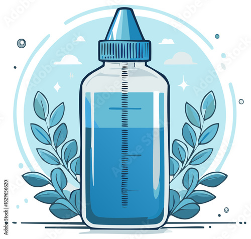 Cartoon illustration of filled graduated bottle with screw cap and leaves for natural cosmetics or food supplements in light blue colors