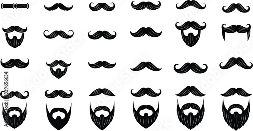 Collection of Various Mustaches and Beards Silhouette Vector Icons, Featuring Hipster, Handlebar, Goatee, and Full Beard Styles, Ideal for Barbershop Logos, Men's Grooming, Retro, and Character Design