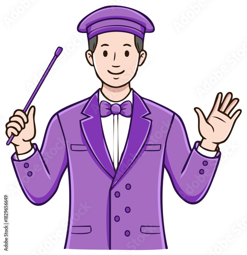 Cheerful cartoon man in purple uniform pointing stick and waving hand for welcome