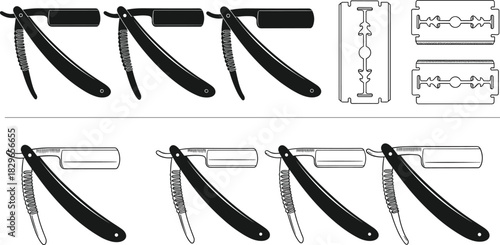 Collection of vector icons featuring classic straight razors and sharp razor blades, symbolizing barbershop, shaving, grooming, traditional style, vintage tools, and retro professional masculine 