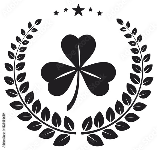 St Patrick's Day Shamrock Icon with Laurel Wreath and Stars Black and White