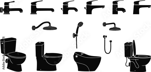 Collection of vector silhouette icons depicting bathroom and toilet plumbing fixtures, including modern faucets, shower heads, handheld sprays, and various toilet bowl designs, isolated on white 