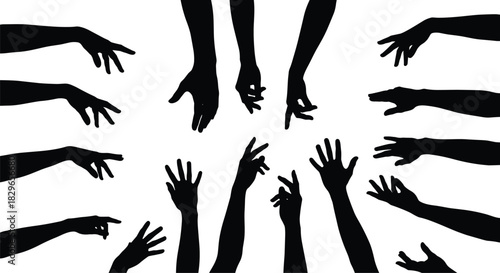 Collection of vector silhouette human hands and arms reaching, grasping, pointing, and stretching upwards in various dynamic gestures, symbolizing help, collaboration, need, communication, and human 