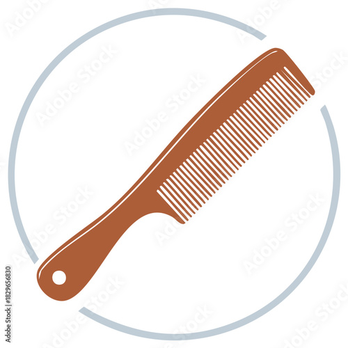 Illustration of a Stylish Brown Comb with Handle Inside Circle for Hair Styling and Grooming, Design Vector