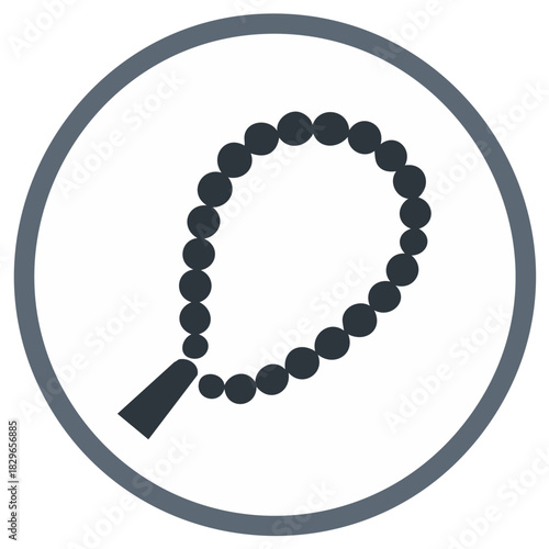 Iconic illustration of prayer beads or rosary symbol inside a circular frame representing spirituality devotion and meditation