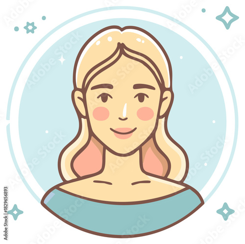 Cartoon illustration of a smiling woman with long blonde hair inside of a blue circle