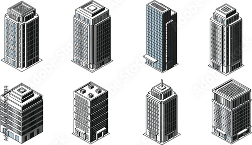 Isometric skyscraper illustrations, modern building design, urban architecture, rooftop structures, city skyline vector, high-rise construction, architectural visualization, 3D building icons