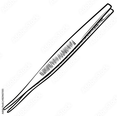 Black and white illustration of tweezers, with a textured body, isolated on white.