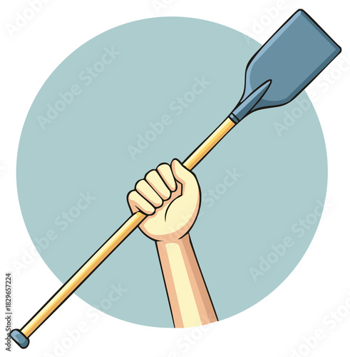 Arm and hand firmly holding an oar or paddle upwards representing strength effort and direction