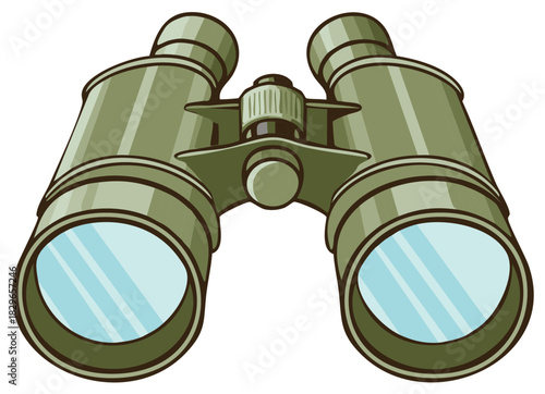 Illustration of a green and gray cartoon binoculars with clear lenses for observation or looking into distance