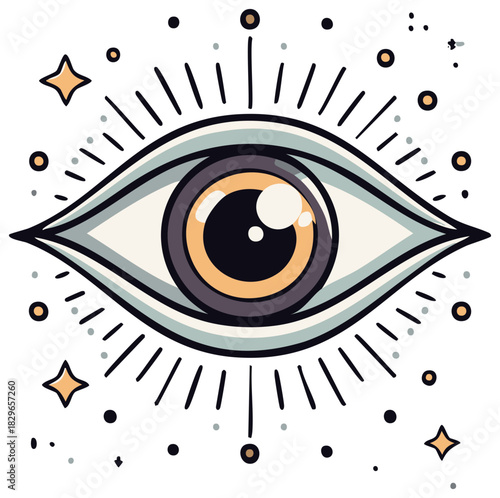 Eye with Eyelashes Stars and Dots Mystical Design Spiritual Illustration