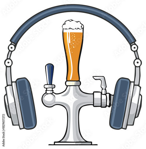 Stylized draft beer tap with headphones creating a fun icon for music and beverages.
