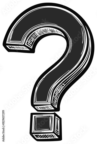 Bold Engraved Question Mark Symbol in Black and White Woodcut Style for Inquiry and Doubt