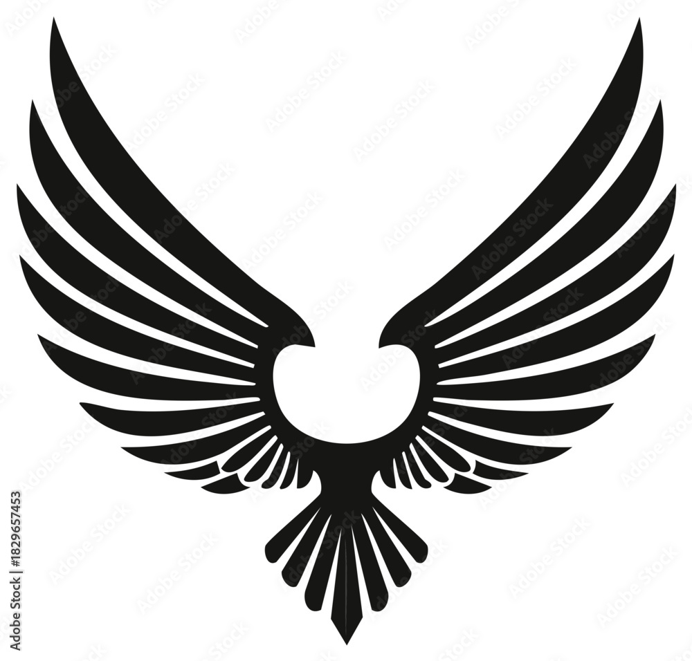 Fototapeta premium Majestic black eagle or falcon with spread wings flying symbol
