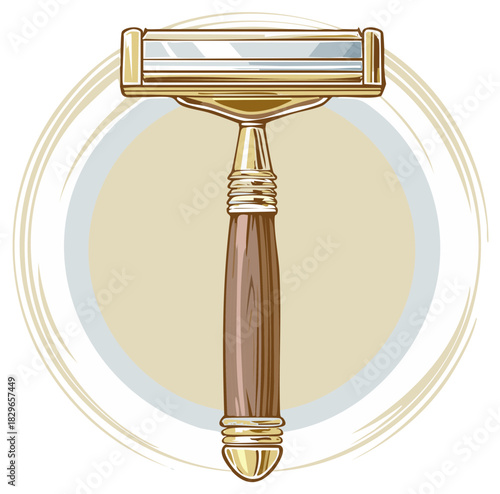 Classic Safety Razor with Golden Head and Wooden Handle Shaving Grooming Tool Illustration